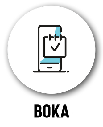 Blue and white mobile phone icon with the word 'BOKA' indicating the first step of the booking process. 