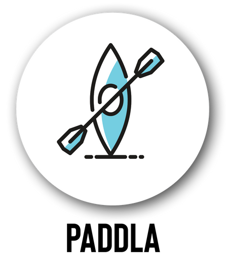 Blue and white kayak icon with the word PADDLE underneath to indicate the last step in the KAYAKOMAT booking process
